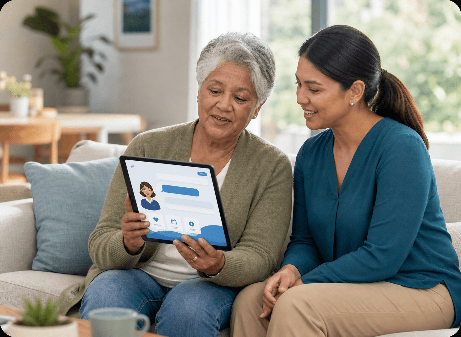 A senior speaking with HealthCompass on a tablet, caregiver beside them