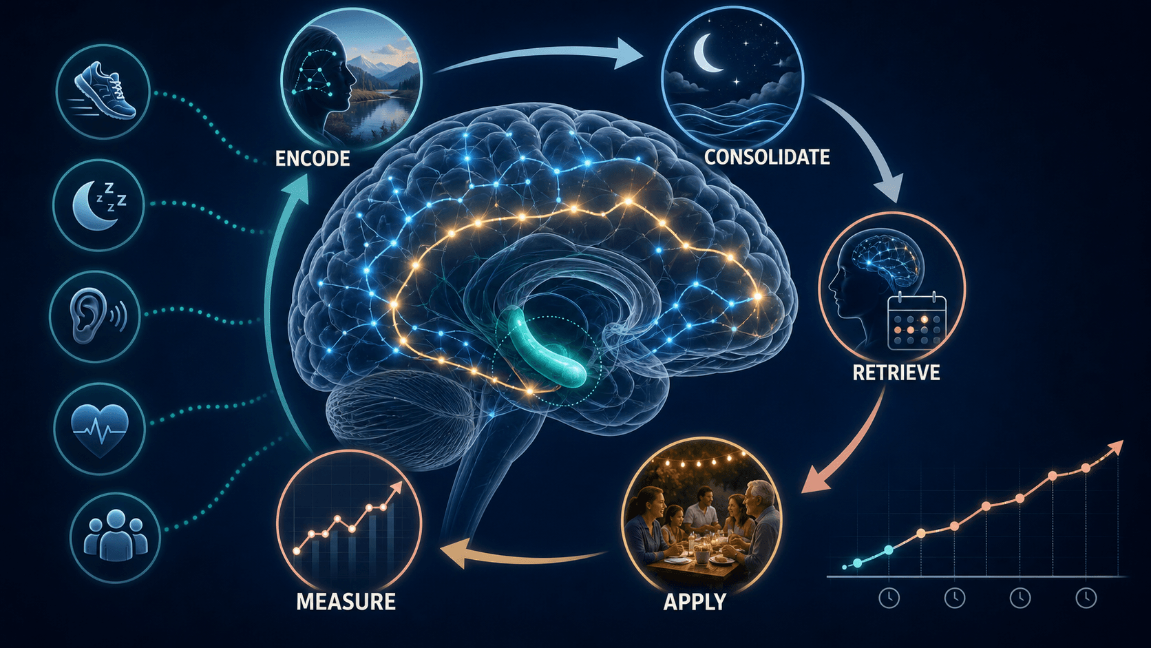 Conceptual visualization of encoding, consolidation, retrieval, application, supportive health factors, and longitudinal measurement